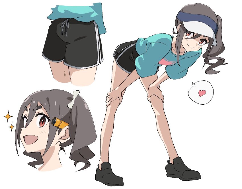 1girl action_camera arched_back black_shoes black_shorts blue_shirt bow collarbone cropped_head dolphin_shorts drawstring full_body grey_hair hair_between_eyes hair_bow hands_on_own_knees heart highres kiriyama_an leaning_forward legs_apart light_blush looking_at_viewer medium_hair momomatang mono_(afro) multiple_views print_shirt red_eyes shirt shirt_partially_tucked_in shoes short_shorts short_twintails shorts side_ponytail sidelocks simple_background smile sparkle spoken_heart thick_eyebrows tied_drawstring twintails video_camera visor_cap wavy_hair white_background white_bow