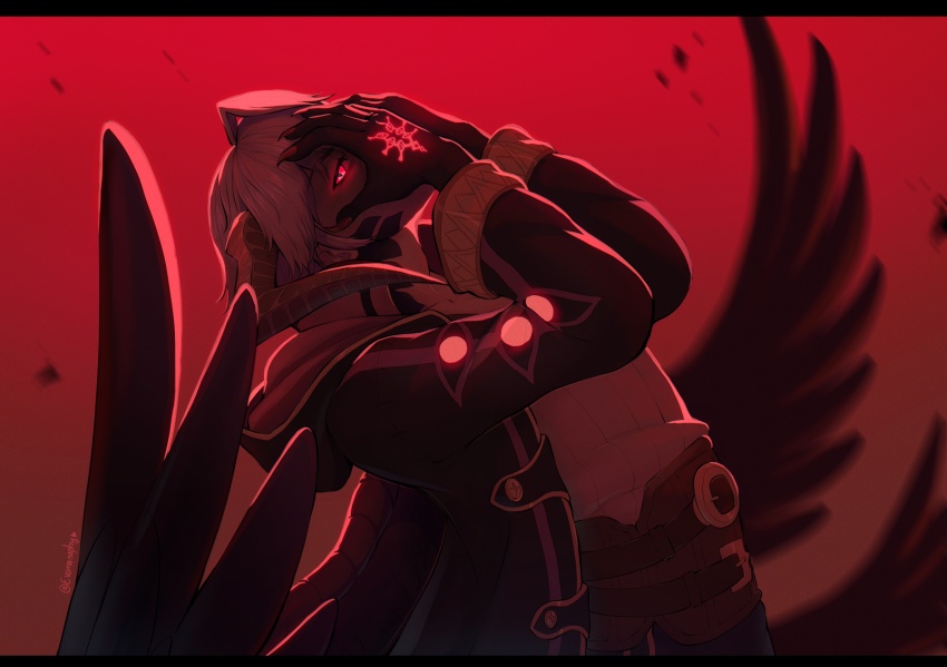 artist_name belt belt_buckle buckle claws cloak crossover dragon_horns evomanaphy fire_emblem fire_emblem_awakening fire_emblem_heroes glowing glowing_eye glowing_eyes hands_on_own_face highres horns kpop_demon_hunters leaning_back male_robin_(fire_emblem) male_robin_(grima)_(fire_emblem) nintendo red_eyes red_light wings