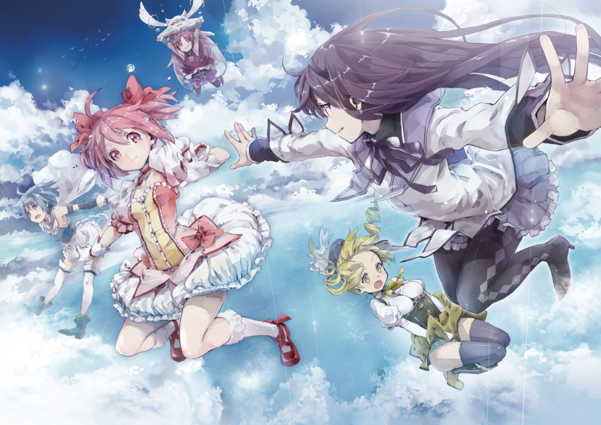 10s 5girls ahoge akemi_homura akemi_homura_(magical_girl) argyle_clothes argyle_legwear armpits beret black_hair black_socks blonde_hair blue_eyes blue_hair blue_sky blush boots bubble_skirt cape cloud corset day detached_sleeves drill_hair elbow_gloves everyone falling floating_tears flying forehead freefall frills gloves hair_ribbon happy hat high_heels highres kaname_madoka kaname_madoka_(magical_girl) kneehighs kyubey legs light_smile long_hair magical_girl mahou_shoujo_madoka_magica mahou_shoujo_madoka_magica_(anime) miki_sayaka miki_sayaka_(magical_girl) multiple_girls ocean outdoors outstretched_arms outstretched_hand panties pantyhose pantyshot paper pink_eyes pink_hair pleated_skirt ponytail puffy_sleeves red_eyes red_hair revision ribbon sakura_kyoko sakura_kyoko_(magical_girl) shoes short_hair short_twintails skirt skirt_tug sky socks spread_arms sun sunlight tears thighhighs tomoe_mami tomoe_mami_(magical_girl) twintails underwear white_legwear yellow_eyes yuugen zettai_ryouiki