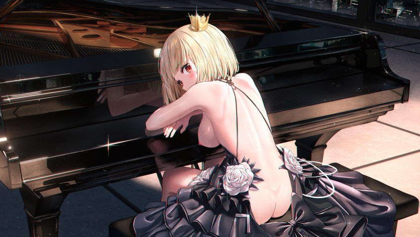 1girl absurdres ass back backless_dress backless_outfit bare_arms bare_shoulders black_dress blonde_hair blush breasts building butt_crack commission covered_mouth cream_(cream) crown dress duplicate flower from_behind grand_piano highres indoors instrument layered_dress looking_at_viewer looking_back medium_breasts mini_crown nay night nipples no_bra no_panties original piano piano_bench pleated_dress red_eyes reflection rose second-party_source short_hair sideboob sitting skyscraper solo tilted_headwear white_flower white_rose window