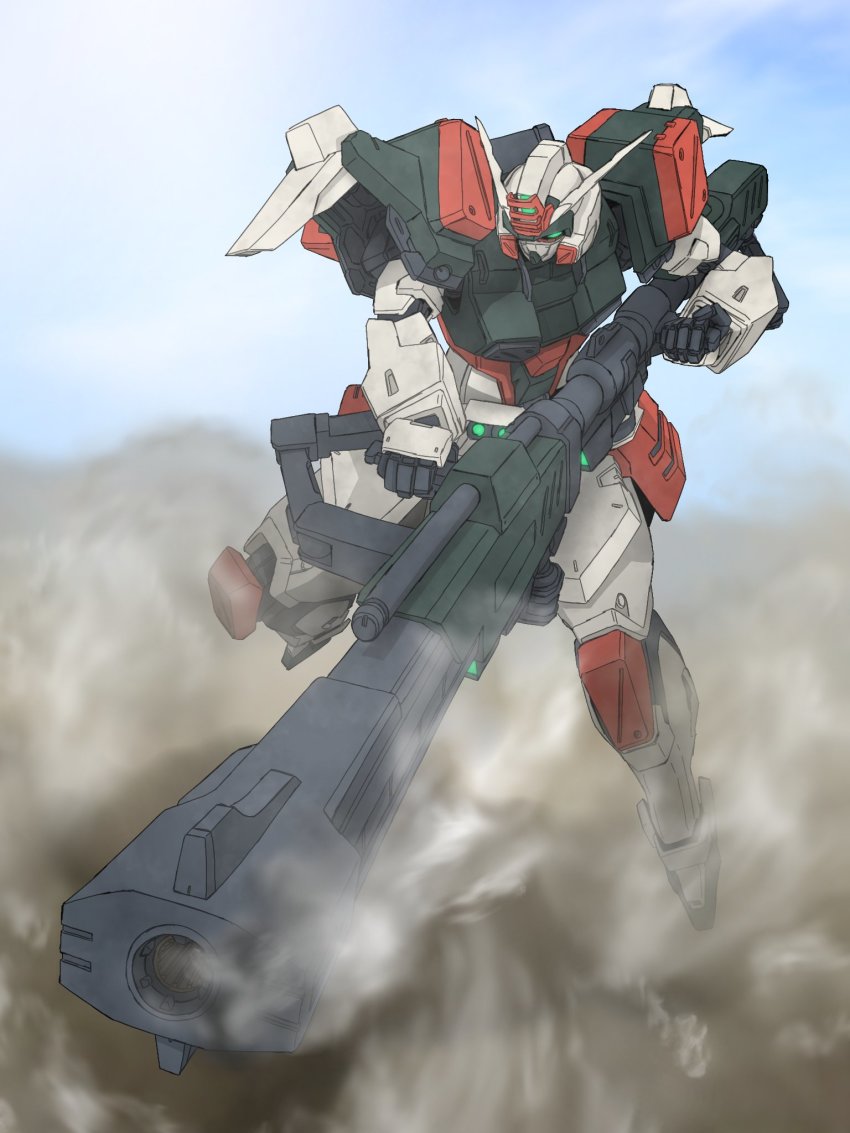 buster_gundam dust green_eyes gun gundam gundam_seed highres holding holding_gun holding_weapon looking_down mecha mecha_kaku_man mobile_suit no_humans robot science_fiction solo v-fin weapon