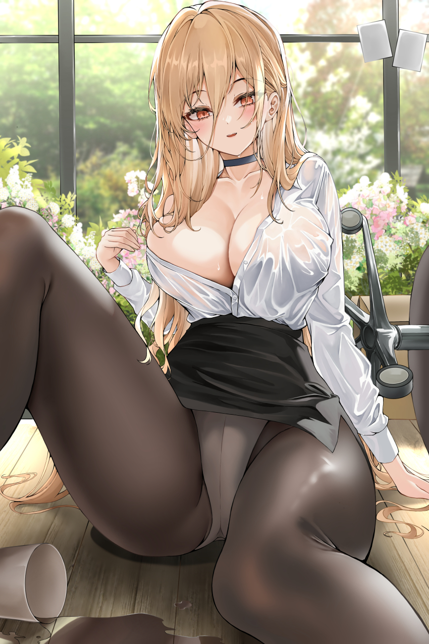 1girl absurdres azur_lane black_choker black_pantyhose black_skirt blonde_hair breasts chair choker cleavage collarbone commentary_request crotch_seam cup flower hair_between_eyes highres implacable_(azur_lane) implacable_(shepherd_of_the_&quot;lost&quot;)_(azur_lane) indoors large_pectorals lds_(dstwins97) long_hair office_chair official_alternate_costume panties panties_under_pantyhose pantyhose pantyshot pectorals pencil_skirt red_eyes revision shirt skirt solo swivel_chair underwear wet wet_clothes wet_shirt white_panties