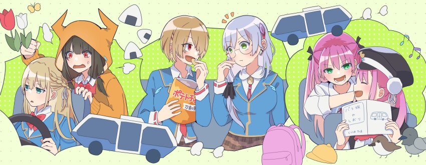 6+girls absurdres aikawa_megumi asakura_karen_(heaven_burns_red) black_hair blonde_hair blue_jacket bow braid breasts double_bun glasses green_eyes grey_hair hachiji_(6hachiji5) hair_bun hair_ornament hair_over_one_eye hair_over_shoulder hair_ribbon hairclip half_up_braid hat heaven_burns_red highres hood hood_up hooded_jacket izumi_yuki_(heaven_burns_red) jacket kayamori_ruka kunimi_tama long_hair long_sleeves low-tied_long_hair military_hat multiple_girls necktie one_eye_covered pink_eyes pink_hair red_bow red_eyes red_necktie ribbon round_eyewear shirt short_hair tail team_31a_(heaven_burns_red) toujou_tsukasa twintails two_side_up white_ribbon white_shirt yellow_eyes