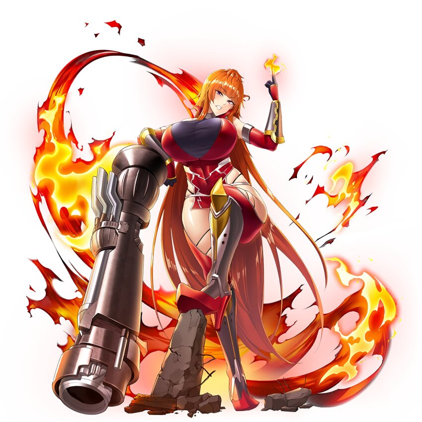 1girl action_taimanin ass bazooka boots breasts cigarette curvy dress female_focus fire full_body highleg highleg_panties highres huge_breasts kamimura_maika long_hair looking_at_viewer panties pelvic_curtain purple_eyes red_dress revealing_clothes sian simple_background skindentation solo standing string_panties taimanin_(series) taimanin_rpgx thong underwear very_long_hair weapon wide_hips