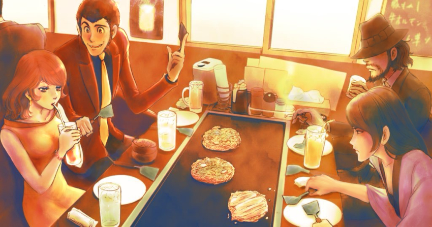 1girl 3boys arsene_lupin_iii beard beer_mug black_hair black_jacket black_suit bracelet brown_eyes cigarette cup dress drinking earrings facial_hair fedora food formal_clothes goekakisan_(adelma) hand_on_table hat hat_over_eyes highres holding holding_cigarette holding_cup holding_spatula ishikawa_goemon_xiii jacket japanese_clothes jewelry jigen_daisuke kimono lipstick long_sleeves looking_at_another looking_at_object lupin_iii makeup medium_hair mine_fujiko mug multiple_boys mustache necktie orange_dress orange_hair plate pointing red_jacket short_hair sideburns single_earring sitting smile spatula suit wing_collar yellow_necktie