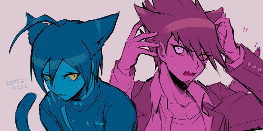 !? 2boys animal_ears cat_boy cat_ears cat_tail danganronpa_(series) danganronpa_v3:_killing_harmony dated facial_hair goatee hair_between_eyes itsuki_(nightlight) jacket limited_palette long_sleeves male_focus momota_kaito multiple_boys open_mouth pink_eyes saihara_shuichi shirt simple_background spiked_hair sweat tail upper_body yellow_eyes