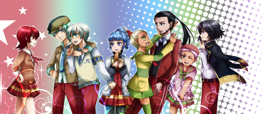4boys 4girls alfa_system ange_serena aqua_eyes beard belt black_hair blue_eyes blue_hair brown_eyes eyepatch facial_hair frills glasses green_hair grey_eyes grey_hair hat hermana_larmo highres iria_animi kongwai_tao long_hair multiple_boys multiple_girls necktie pants pantyhose purple_eyes purple_hair qq_selesneva red_eyes red_hair ribbon ricardo_soldato ruca_milda scar school_uniform short_hair skirt spada_belforma tales_of_(series) tales_of_innocence thighhighs yellow_eyes