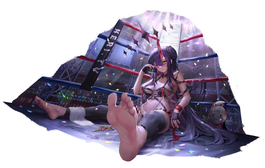 1girl absurdres artist_request bare_arms bare_shoulders barefoot black_gloves boxing boxing_ring breasts character_request crosscore crown feet fingerless_gloves gloves highres jewelry long_hair looking_at_viewer no_bra purple_hair revealing_clothes sideboob soles very_long_hair yellow_eyes