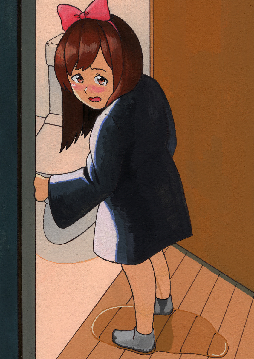 1girl absurdres bathroom black_dress blush bow brown_eyes brown_hair cosplay door dress embarrassed grey_socks hair_bow halloween halloween_costume highres kiki_(majo_no_takkyuubin) kiki_(majo_no_takkyuubin)_(cosplay) long_hair long_sleeves looking_at_viewer majo_no_takkyuubin open_mouth original pee peeing peeing_self puddle red_bow shoumizumaru_magamo socks standing studio_ghibli tears toilet wet wet_clothes wet_socks