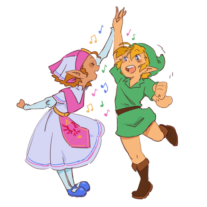1boy 1girl absurdres arm_up belt blonde_hair blue_eyes blue_footwear blue_sleeves blueskittlesart blush boots brown_belt brown_footwear child clenched_teeth commentary dancing dress facing_another full_body green_hat green_tunic hat highres holding_hands juliet_sleeves link long_sleeves looking_at_another musical_note nintendo open_mouth orange_hair pantyhose pink_dress pink_hat pointy_ears princess_zelda puffy_sleeves short_hair short_sleeves simple_background smile standing standing_on_one_leg teeth the_legend_of_zelda the_legend_of_zelda:_ocarina_of_time tunic two-tone_dress two-tone_hat upper_teeth_only white_background white_dress white_hat young_link young_zelda