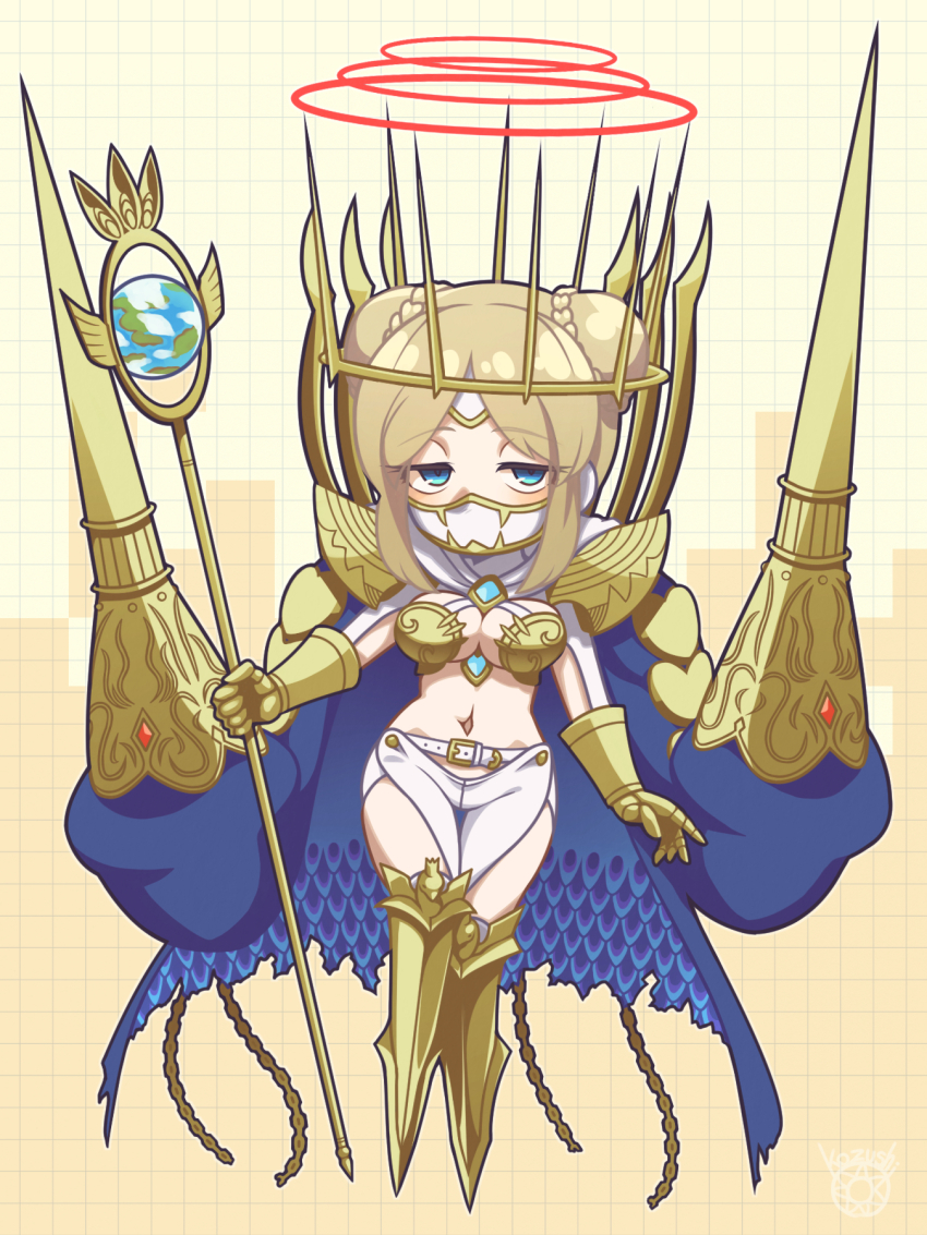1girl armor armored_boots belt blonde_hair blue_coat blue_eyes blue_gemstone boobplate boots braid braided_bun breastplate breasts chain chibi chibi_only cleavage clothing_cutout coat commentary_request covered_mouth crown digimon digimon_(creature) double_blade double_bun floating full_body gauntlets gem gold_armor gold_chain gold_crown groin hair_bun half-closed_eyes heart highres holding holding_staff hood hood_down hooded_shrug junomon kozushi623 large_breasts looking_at_viewer mask mouth_mask multiple_halos navel ninja_mask pants parted_bangs partial_commentary shoulder_armor shrug_(clothing) sidelocks signature solo staff stomach thigh_cutout torn_clothes torn_coat variant_set white_belt white_mask white_pants white_shrug