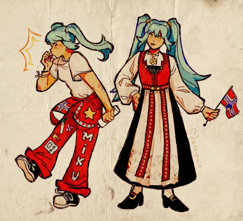 2girls apron aqua_eyes aqua_hair black_skirt blowing_whistle brooch commentary english_commentary hatsune_miku high_heels highres jewelry long_hair long_skirt marsipain multiple_girls norway norwegian_clothes norwegian_flag pants red_pants red_vest russefeiring shirt shoes skirt sneakers t-shirt twintails vest vocaloid waist_apron white_apron white_shirt worldwide_miku