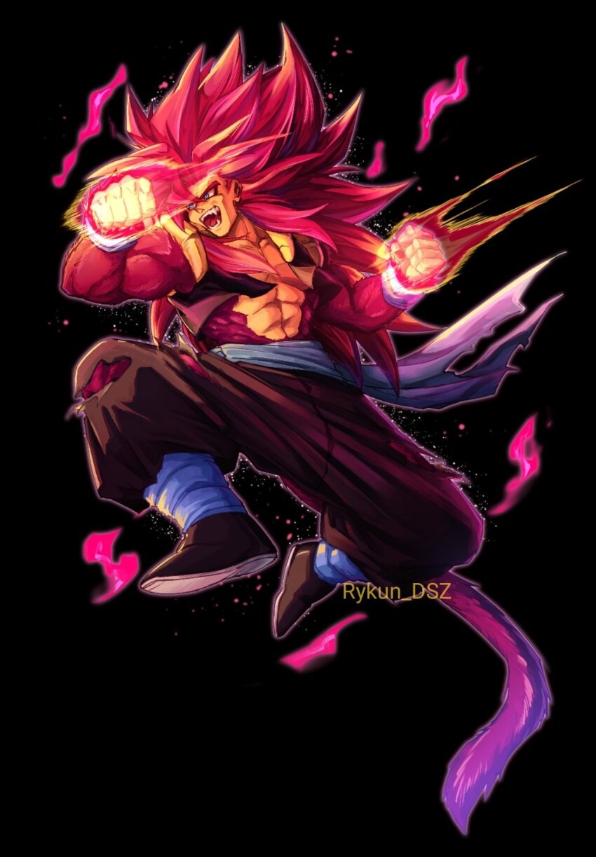 blue_eyes blue_sash dragon_ball dragon_ball_heroes fangs gogeta gogeta_(xeno) highres long_hair male_focus metamoran_vest monkey_boy monkey_tail muscular muscular_male open_mouth pants pectorals red_fur red_hair rykun_dsz saiyan sash spiked_hair super_full_power_saiyan_4_limit_breaker super_saiyan super_saiyan_4 tail time_patrol_(dragon_ball)