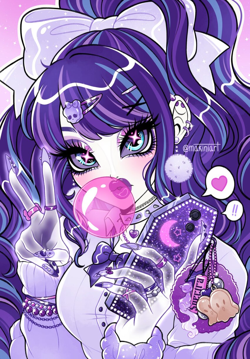 1girl alternate_costume aqua_eyes big_hair bow cellphone cellphone_charm charm_(object) chewing_gum colored_skin commentary english_commentary eyeshadow ghost glitter gyaru gyaru_makeup hair_bow highres holding holding_phone kogal looking_at_viewer makeup makiniart monster_high monster_high_(g1) multicolored_hair nail_art nail_ornament phone purple_bow purple_eyeshadow purple_hair purple_nails school_uniform scrunchie see-through_body solo sparkle spectra_vondergeist streaked_hair v wavy_hair white_skin wrist_scrunchie
