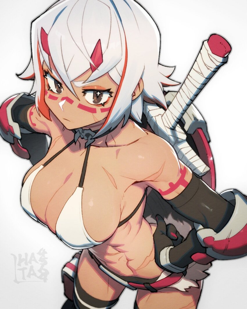 1girl abs belt bikini bikini_top_only black_gloves black_thighhighs bodypaint breasts brown_eyes cleavage colored_inner_hair couter cowboy_shot cross-shaped_pupils dark-skinned_female dark_skin elbow_gloves eyeshadow facepaint gloves halterneck hands_on_own_hips hata4564 highres horns large_breasts looking_at_viewer makeup multicolored_hair orange_eyeshadow orange_hair original red_belt scar scar_on_arm scar_on_face scar_on_stomach shield shield_on_back short_hair simple_background solo swimsuit sword sword_on_back symbol-shaped_pupils thighhighs toned toned_female weapon weapon_on_back white_background white_bikini white_hair