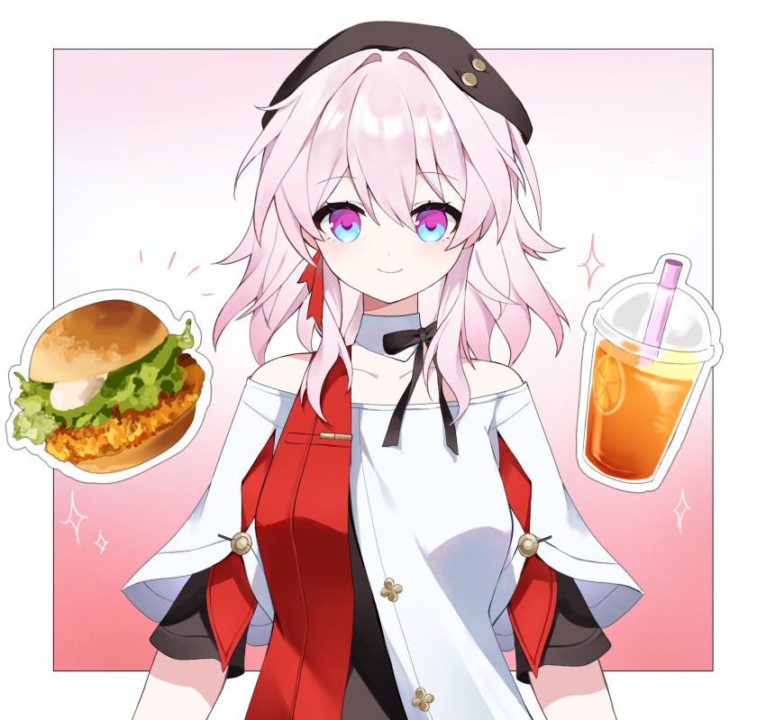 1girl bare_shoulders beret black_hat black_ribbon blue_background blue_eyes burger choker collarbone cup disposable_cup drinking_straw food gradient_background hair_intakes hat highres honkai:_star_rail honkai_(series) looking_at_viewer march_7th_(honkai:_star_rail) medium_hair multicolored_eyes nirako_mona off-shoulder_shirt off_shoulder official_alternate_costume pink_background pink_hair purple_eyes ribbon shirt short_sleeves smile solo two-tone_eyes upper_body white_choker white_shirt