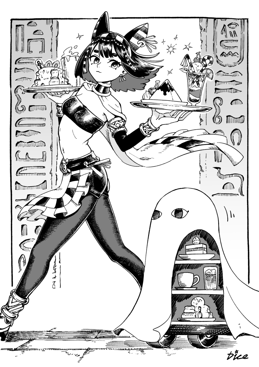 1girl 1other absurdres animal_ear_piercing animal_ears apron armlet artist_name bandeau bastet_(mythology) border bracelet cake cat_ears cat_girl closed_mouth commentary_request cup detached_sleeves dice_(dice_in_dice) earrings floating_cape food greyscale hair_between_eyes hands_up hieroglyphics highres holding holding_tray jewelry looking_to_the_side medium_hair medjed_(mythology) monochrome navel outside_border pantyhose parfait pudding serving_cart short_eyebrows short_shorts shorts stomach teacup thick_eyebrows tray usekh_collar waist_apron walking white_border