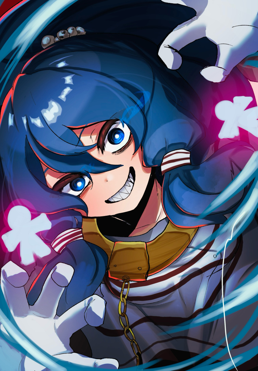 1girl blue_hair chain claw_pose crazy_eyes cuffs gloves gold_chain grin hair_ornament hair_tubes handcuffs highres long_hair miyadeguchi_mizuchi paper_cutout paper_doll ponytail prison_clothes purple_stripes shackles sharp_teeth shirt skull_hair_ornament smile solo striped_clothes striped_shirt teeth touhou upper_body user_hzja2454 white_gloves white_shirt