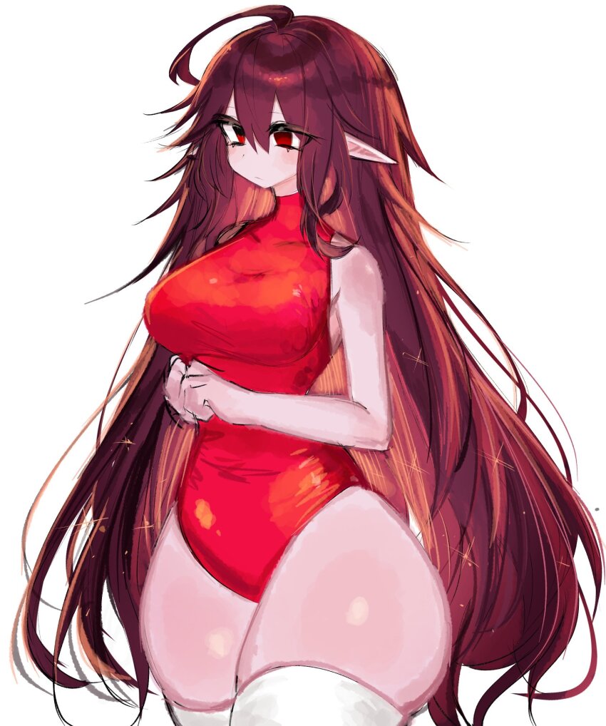 1girl ahoge bare_arms breasts brown_hair closed_mouth cowboy_shot empty_eyes friday_night_funkin&#039; girlfriend_(friday_night_funkin&#039;) highres large_breasts leotard long_hair pointy_ears red_eyes red_leotard simple_background solo standing thighhighs usa37107692 very_long_hair white_background white_thighhighs