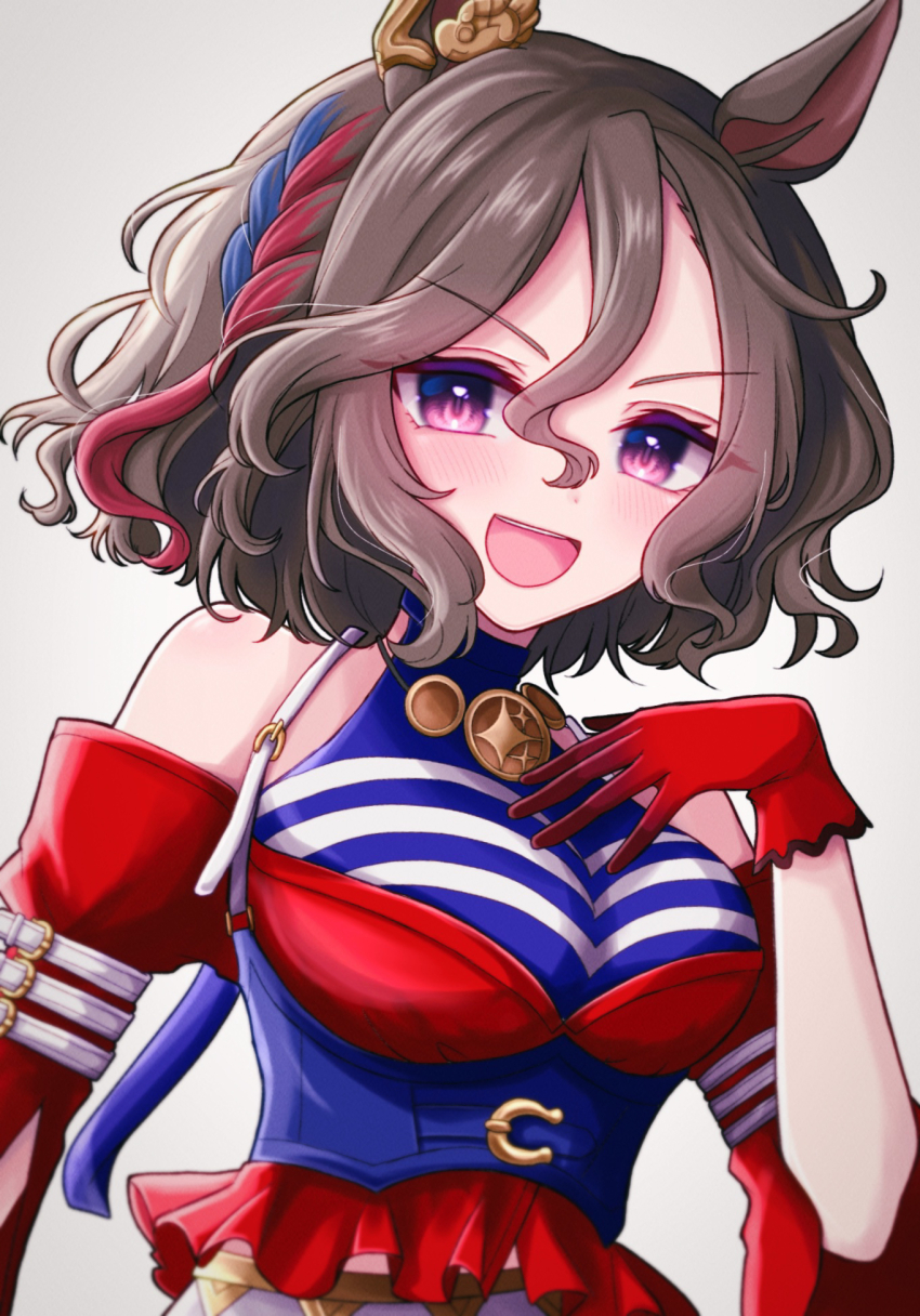 1girl animal_ears bare_shoulders breasts brown_hair gloves hair_between_eyes highres horse_ears horse_girl large_breasts long_sleeves looking_at_viewer purple_eyes red_gloves short_hair smile solo tap_dance_city_(umamusume) tyamu_mu umamusume upper_body