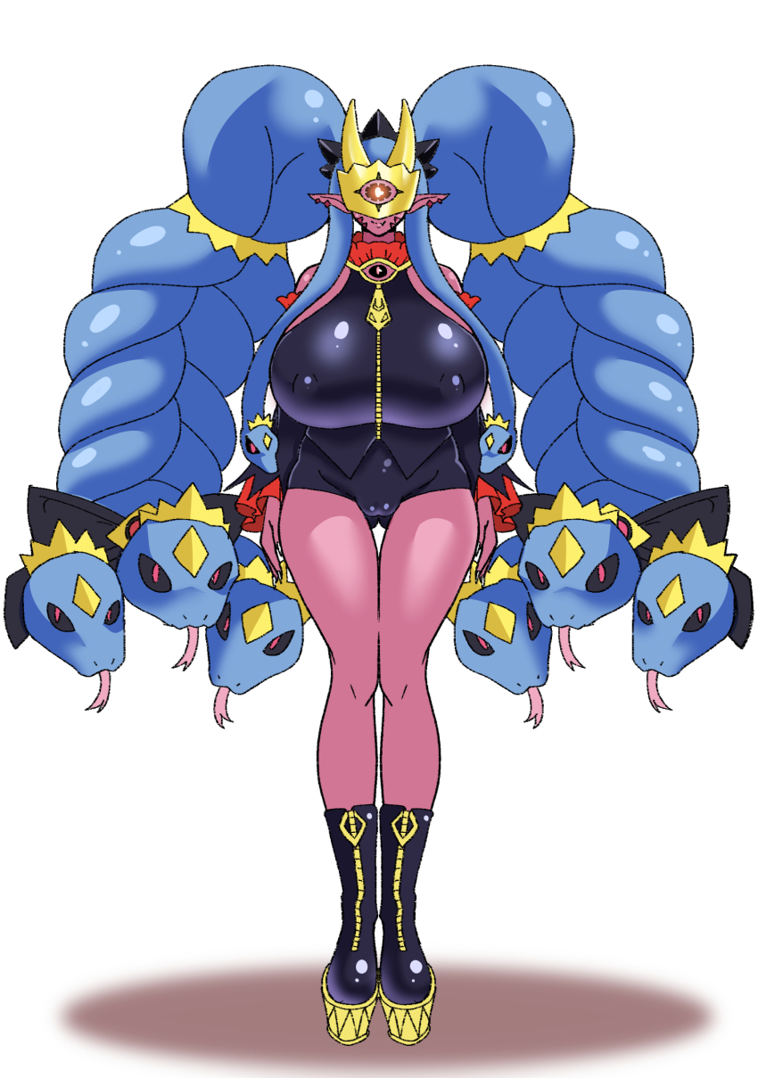 black_eyes breasts colored_skin crown digimon digimon_(creature) heppoko_death highres looking_at_viewer mask medusamon red_eyes red_skin ribbon shadow simple_background snake snake_hair tongue tongue_out white_background