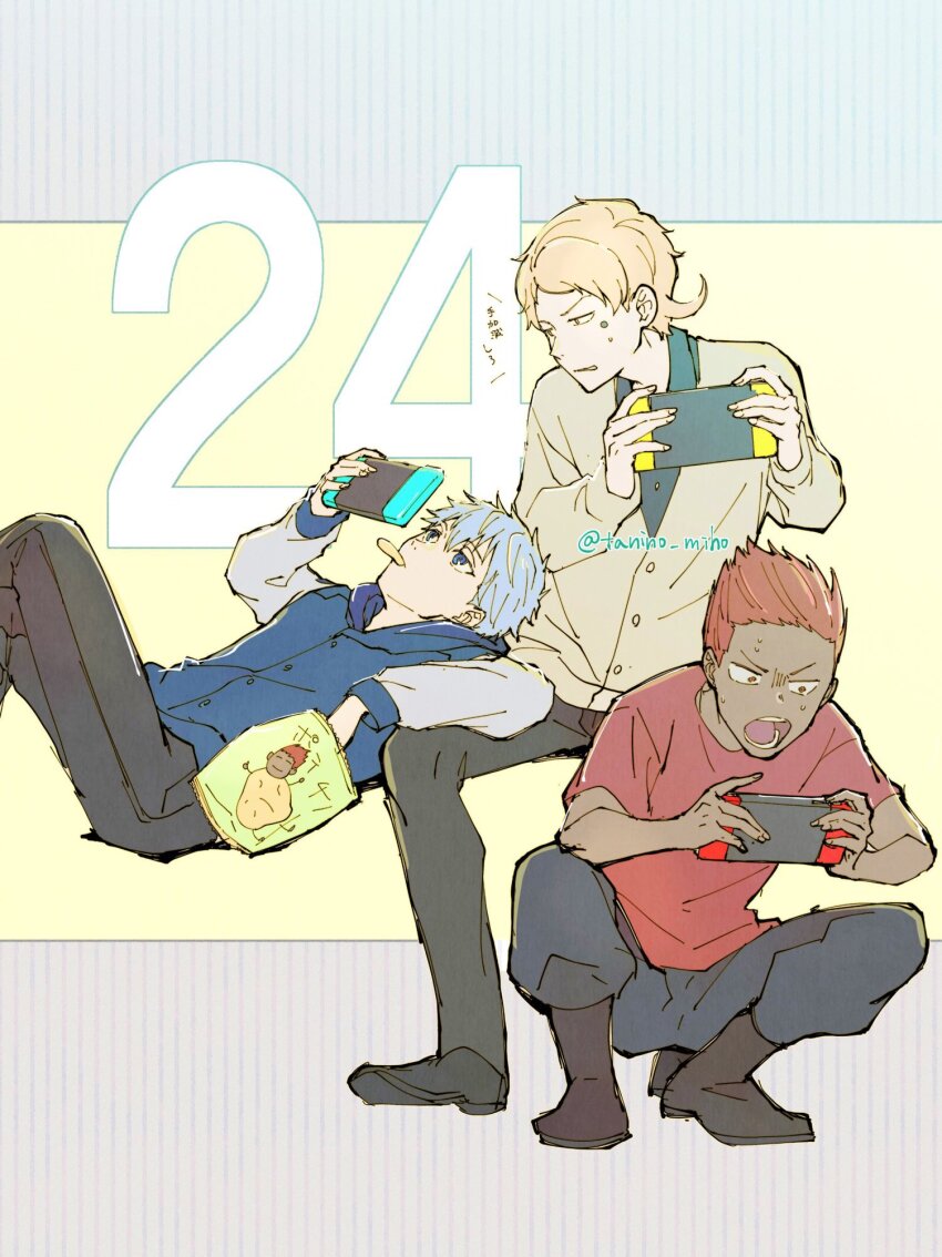 3boys black_boots black_shirt black_shoes blonde_hair blue_eyes blue_hair blue_hoodie boots brown_jacket chips_(food) collared_shirt couch crossed_legs dark-skinned_male dark_skin episode_number facepaint facial_mark food handheld_game_console highres holding holding_handheld_game_console hood hoodie jacket khun_hachuling lap_pillow lero_ro long_sleeves looking_at_another lying male_focus multiple_boys nintendo_switch on_couch open_mouth playing_games potato_chips quant_blitz red_hair red_shirt shirt shoes short_hair simple_background sitting spiked_hair sweat tanino_miho teeth tower_of_god twitter_username two-tone_background