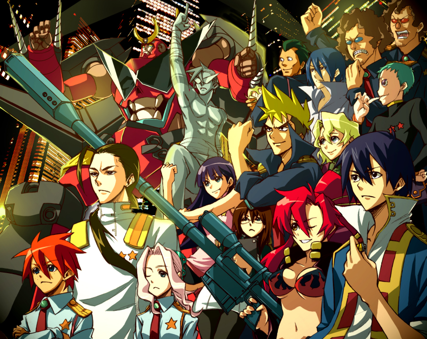 00s 6+boys 6+girls ailac_coega anti-materiel_rifle bad_id bad_pixiv_id barinbo city darry_adai dayakka everyone gimmy_adai gun gurren-lagann highres jogan kamina_(ttgl) kan_(tachi) kinon_bachika kittan_bachika kiyal_bachika kiyoh_bachika leeron_littner mecha multiple_boys multiple_girls rifle robot rossiu_adai simon_(ttgl) sniper_rifle statue tengen_toppa_gurren_lagann weapon yoko_littner