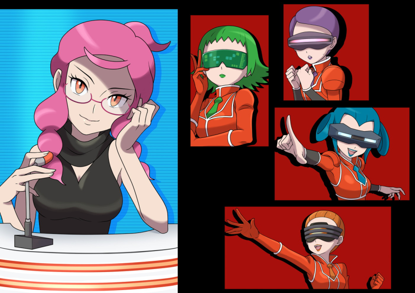 5girls aliana_(pokemon) asatsuki_(fgfff) bryony_(pokemon) celosia_(pokemon) clenched_hand closed_mouth commentary_request eyelashes glasses gloves green_hair green_necktie hands_up head_tilt jacket long_hair mable_(pokemon) malva_(pokemon) multiple_girls necktie nintendo orange_eyes orange_gloves orange_jacket outstretched_arm pink_hair pointing pokemon pokemon_xy scarf shirt sleeveless sleeveless_shirt smile team_flare team_flare_uniform