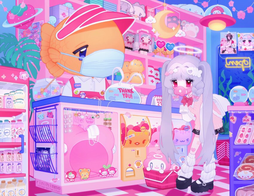 1girl 1other apollo_(rinihimme) backpack badge bag bent_over block_(minecraft) braid button_badge candy charm_(object) convenience_store crafting_table_(minecraft) explosive fish fish_skeleton_hair_ornament food gas_mask gashapon grey_hair hair_ribbon halo highres indoors kiiroitori kirby kirby_(series) konpeitou kuchipatchi long_hair mametchi mask memetchi minecraft minecraft_(style) nintendo original pocky quad_tails red_eyes redrawn respirator ri2.0_(rinihimme) ribbon rinihimme san-x shop shopping_basket tamagotchi tnt tnt_block_(minecraft) very_long_hair vest visor_cap