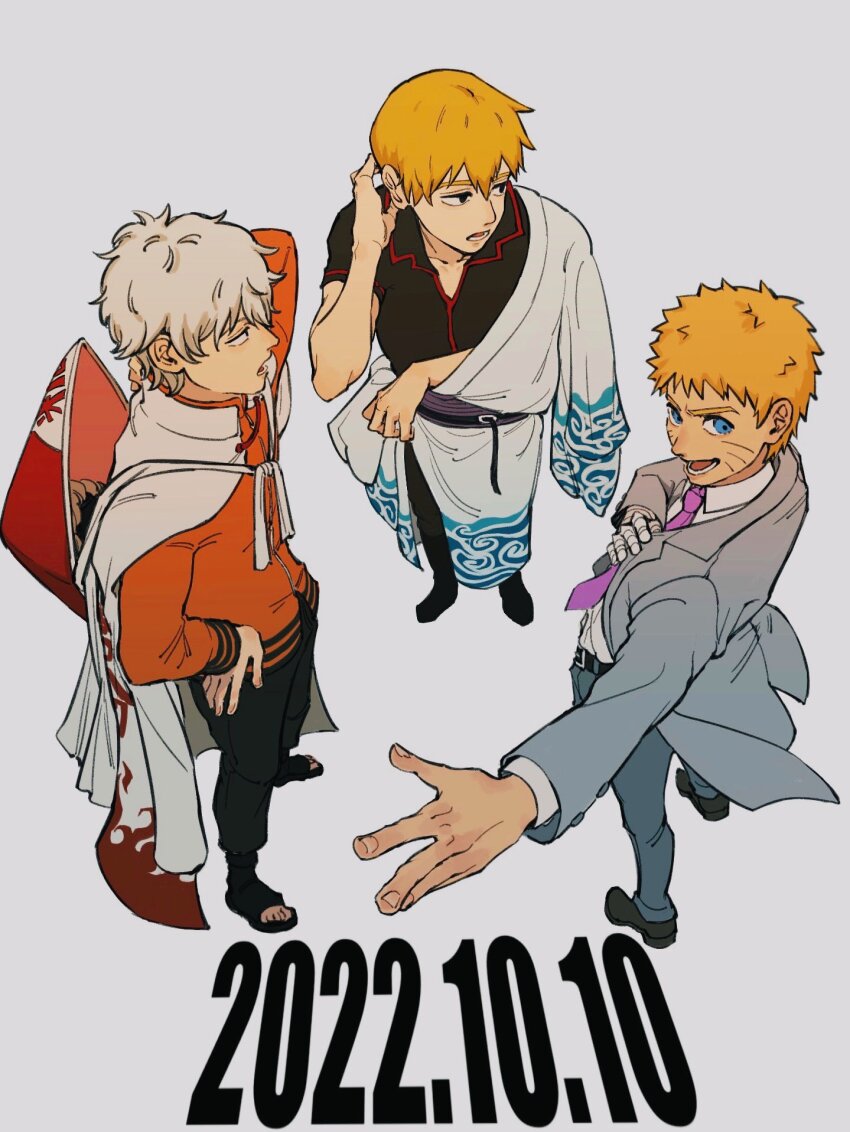 3boys arm_behind_head birthday_connection blonde_hair blue_eyes cosplay crossover facial_mark formal_clothes from_above gintama grey_suit hamariito hand_on_own_hip hat_on_back highres hokage japanese_clothes kimono long_sleeves looking_at_another mob_psycho_100 multiple_boys naruto_(series) naruto_shippuuden necktie open_mouth orange_shirt outstretched_arm patterned_clothing purple_necktie reigen_arataka reigen_arataka_(cosplay) release_date sakata_gintoki sakata_gintoki_(cosplay) shirt short_hair short_sleeves smile suit uzumaki_naruto uzumaki_naruto_(cosplay) whisker_markings white_hair white_kimono white_shirt