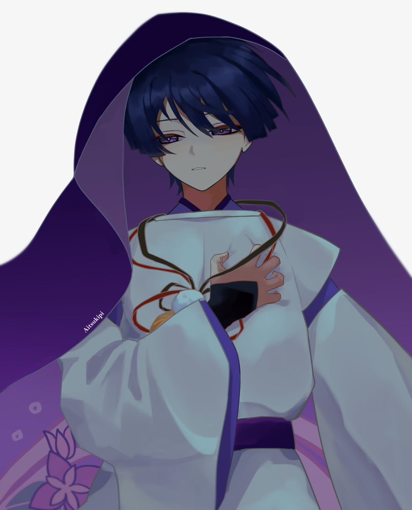 1boy absurdres aoi_(aiarts) arm_at_side artist_name belt black_hair blunt_ends bright_pupils clothing_cutout clutching_chest facing_viewer feathers floral_print genshin_impact hand_on_own_chest highres japanese_clothes kariginu kimono layered_clothes layered_kimono layered_sleeves long_sleeves looking_to_the_side lowered_eyelids male_focus parted_lips pom_pom_(clothes) purple_belt purple_eyes purple_kimono purple_sleeves purple_veil scaramouche_(genshin_impact) scaramouche_(kabukimono)_(genshin_impact) shoulder_cutout sideways_glance solo string v-neck veil white_background white_mouth white_pupils white_sleeves wide_sleeves yellow_feathers
