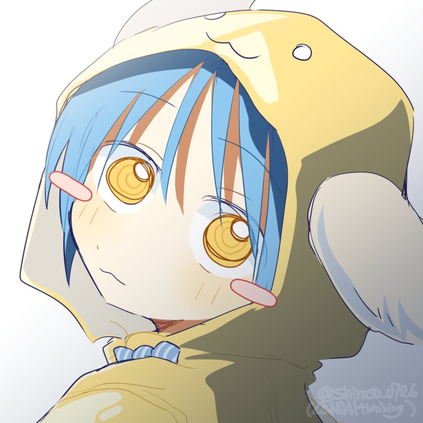 1girl animal_ears blue_hair blush_stickers from_behind galaxy_angel highres hood hood_up looking_at_viewer looking_back mint_blancmanche nm_shirasu raincoat short_hair simple_background solo twitter_username upper_body yellow_eyes yellow_raincoat