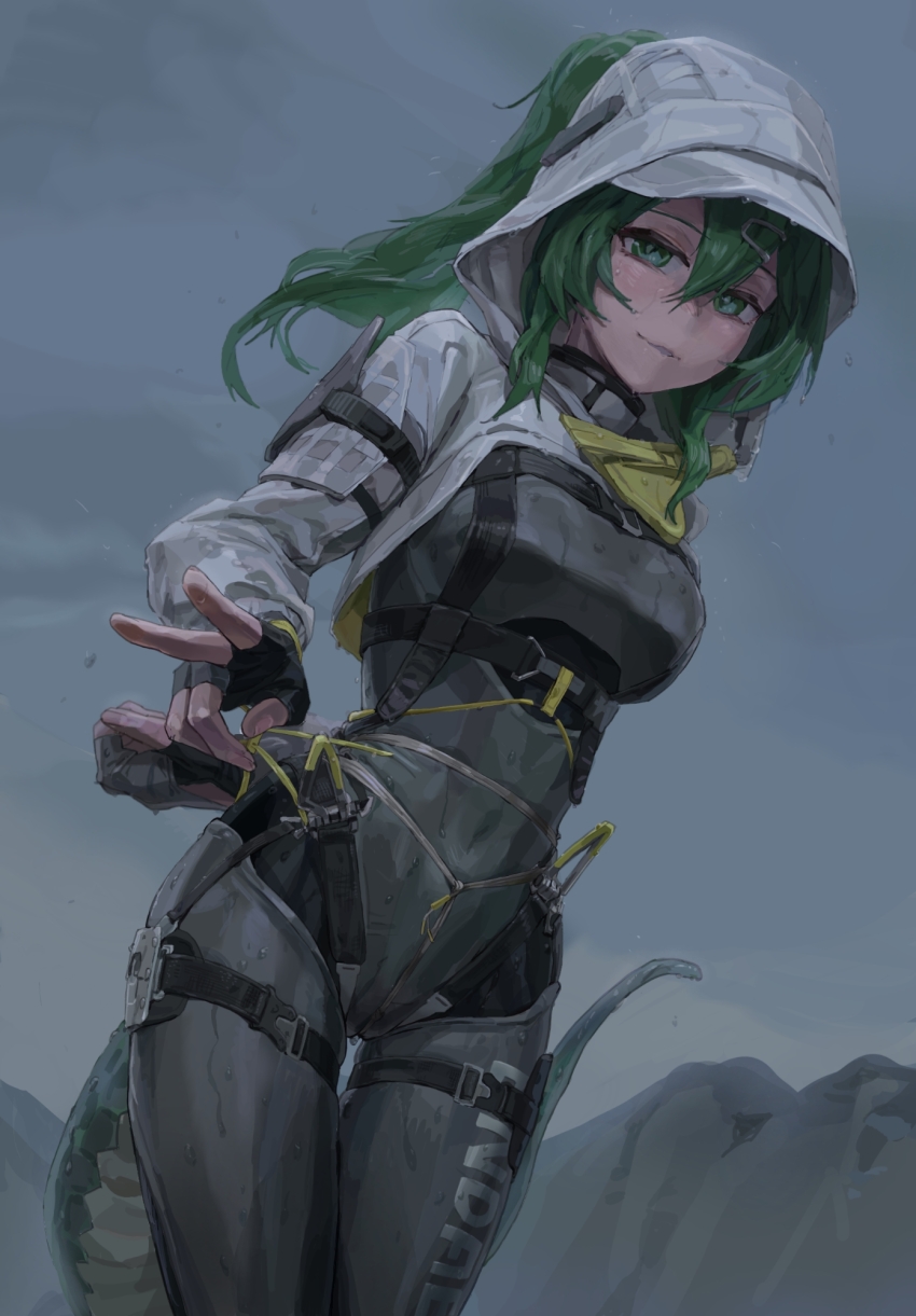 1girl a_tea arknights arknights:_endfield bdsm black_gloves bodysuit bondage bound breasts cropped_jacket crotch_rope cuffs female_focus fingerless_gloves fluorite_(arknights) gloves green_eyes green_hair handcuffs highres hood hooded_jacket jacket latex latex_bodysuit long_hair looking_at_viewer medium_breasts outdoors ponytail skin_tight skindentation solo tail thigh_gap thigh_strap