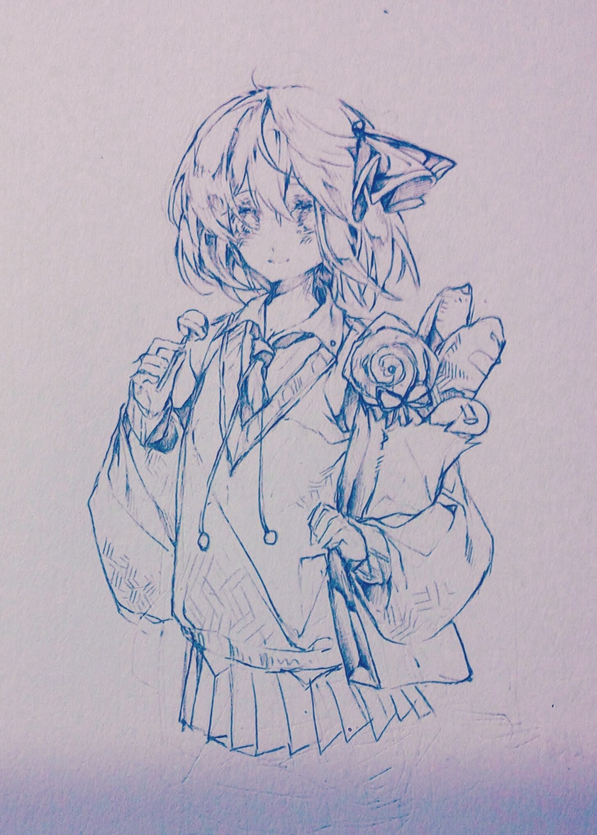 1girl bow collar food hair_bow hair_ribbon highres holding holding_food open_mouth pleated_skirt ribbon rumia school_uniform short_hair skirt solo touhou traditional_media upper_body vest white_background zhixie_jiaobu