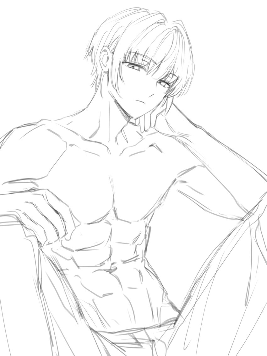 1boy abs closed_mouth collarbone commentary english_commentary frown genderswap genderswap_(ftm) greyscale hair_intakes half-closed_eyes hand_on_own_cheek hand_on_own_face highres knees_up link!_like!_love_live! looking_at_viewer love_live! male_focus monochrome otomune_kozue pants short_hair sidelocks sitting solo toned toned_male topless_male very_short_hair virtual_youtuber zenma_trang