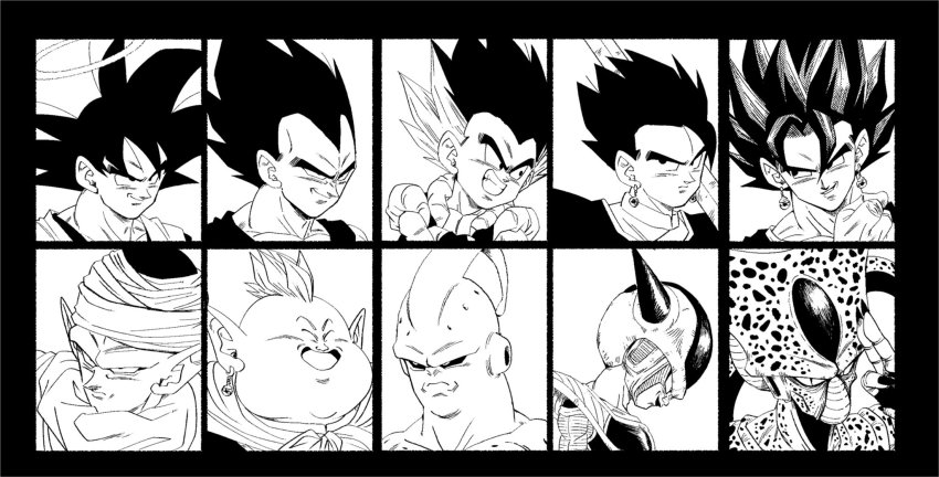 1st_form_frieza 6+boys antennae armor biceps black_border black_eyes black_hair black_sclera border cell_(dragon_ball) close-up closed_eyes closed_mouth colored_sclera dai_kaioushin dragon_ball dragonball_z earrings evil_smile facing_viewer fenyon finger_to_face fingernails fingers_together frieza gloves gotenks greyscale grin halo hand_up head_down high_collar highres horns imperfect_cell jewelry long_fingernails looking_afar looking_at_viewer majin_buu male_focus metamoran_vest mohawk monochrome multicolored_hair multiple_boys neckerchief over_shoulder piccolo pointy_ears potara_earrings profile saiyan_armor simple_background slit_pupils smile son_gohan son_goku spiked_hair streaked_hair super_buu sword sword_over_shoulder tail turban vegeta vegetto weapon weapon_over_shoulder white_background
