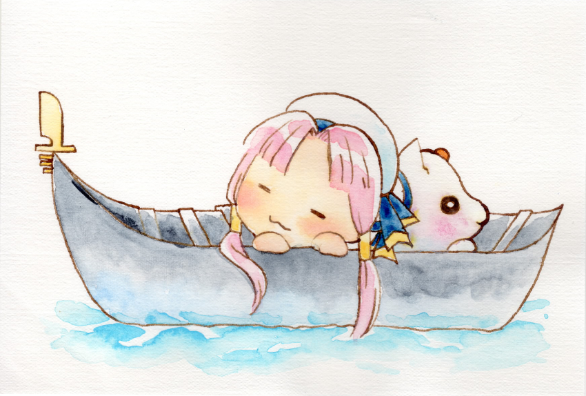 1girl :3 aria_(manga) aria_company_uniform aria_pokoteng beret blue_ribbon blush cat chibi closed_eyes closed_mouth gold_trim gondola grey_background hair_tubes hat hat_ribbon highres iyukickss mizunashi_akari parted_bangs pink_hair ribbon short_hair_with_long_locks simple_background sleeping traditional_media water white_cat