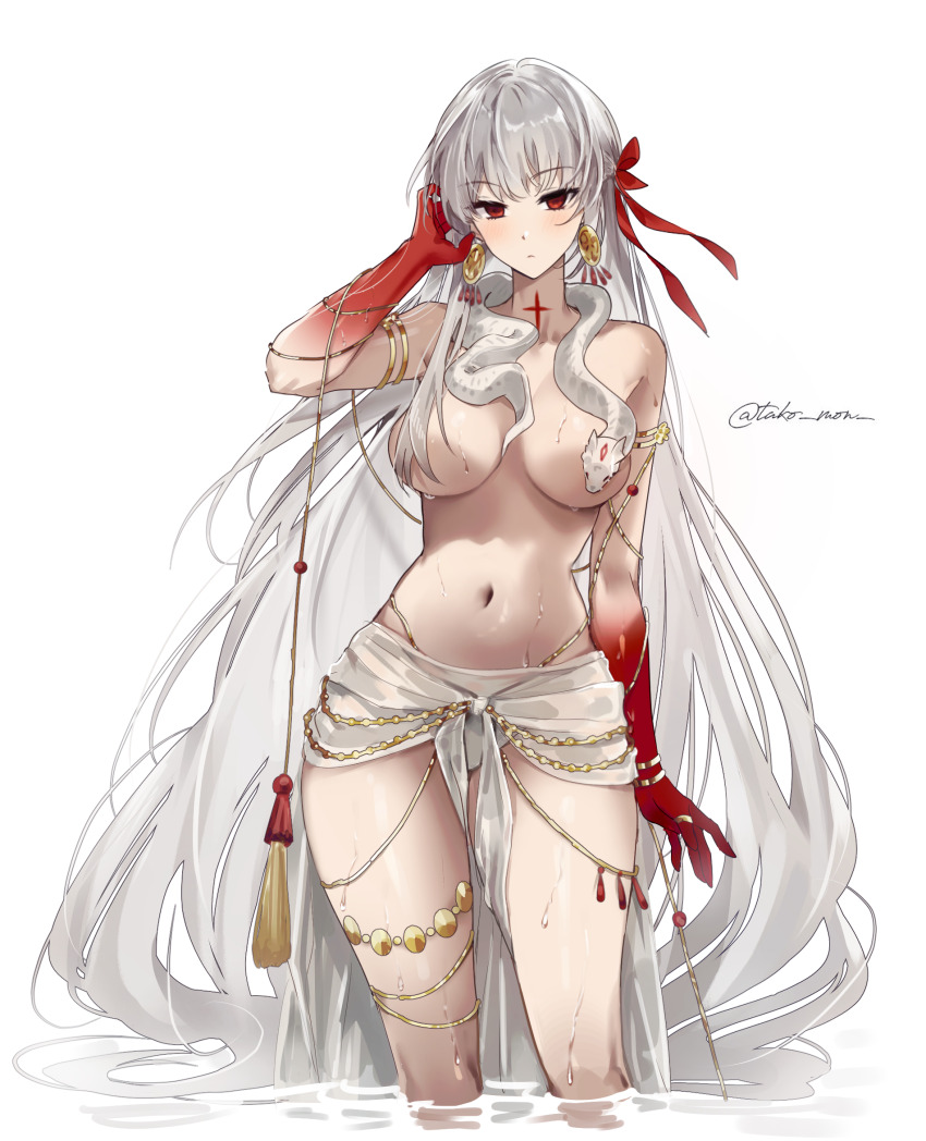 1girl armlet belly_chain blush body_markings bracelet breasts colored_skin durga_(fate) durga_(first_ascension)_(fate) earrings fate/grand_order fate_(series) gradient_skin hair_ribbon highres jewelry large_breasts long_hair looking_at_viewer meme muneomon_(takomon) navel off_shoulder pelvic_curtain red_eyes red_skin revealing_clothes ribbon snake solo thighlet thighs thumb_ring topless_female very_long_hair water wet white_hair yakshi_statue_(meme)