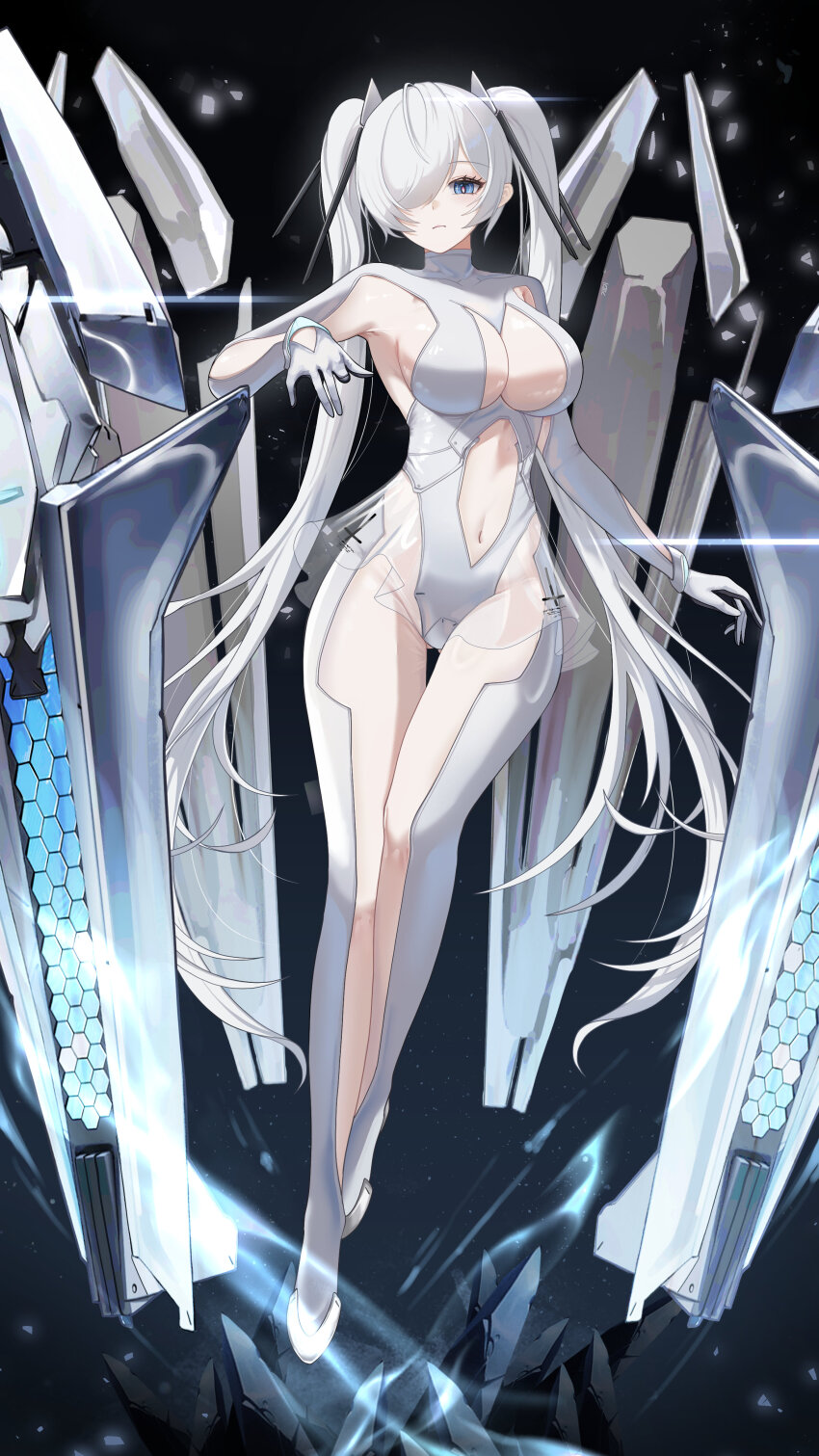1girl absurdres armpit_cutout black_background blue_eyes bodysuit breasts cinderella_(nikke) cleavage clothing_cutout commentary expressionless full_body gimyogi gloves gluteal_fold goddess_of_victory:_nikke hair_ornament hair_over_one_eye highres large_breasts leg_cutout long_hair looking_at_viewer navel see-through_clothes see-through_skirt simple_background skirt solo stomach_cutout twintails white_bodysuit white_hair