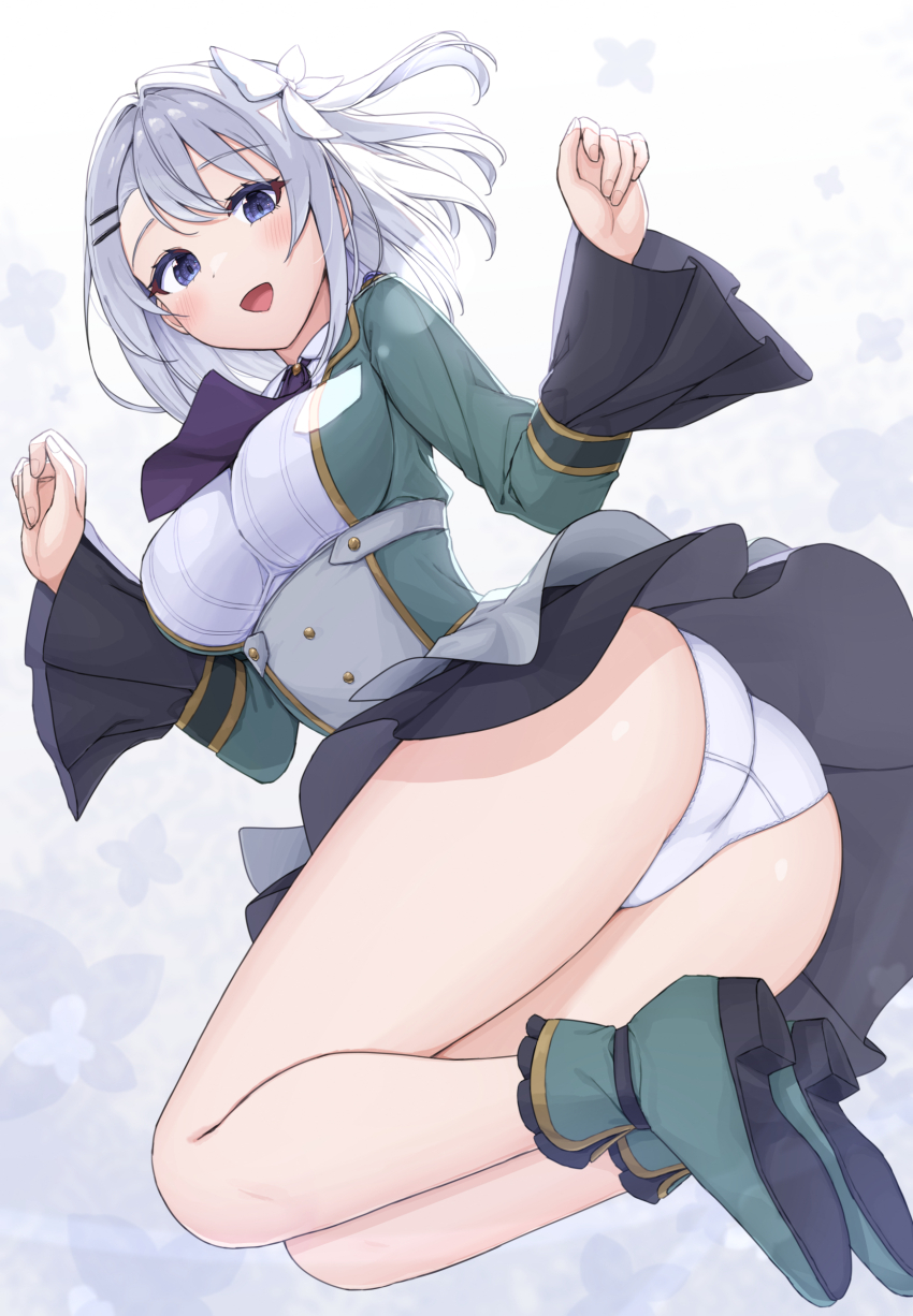 1girl absurdres ascot asigaru3000 black_skirt blue_eyes bow breasts dress green_jacket green_shoes hair_bow hair_intakes hair_ornament hairclip highres hikikomari_kyuuketsuki_no_monmon jacket jumping large_breasts long_sleeves looking_at_viewer medium_hair open_mouth panties pantyshot purple_ascot sakuna_memoire shoes skirt solo thighs two-tone_dress underwear white_dress white_hair white_panties