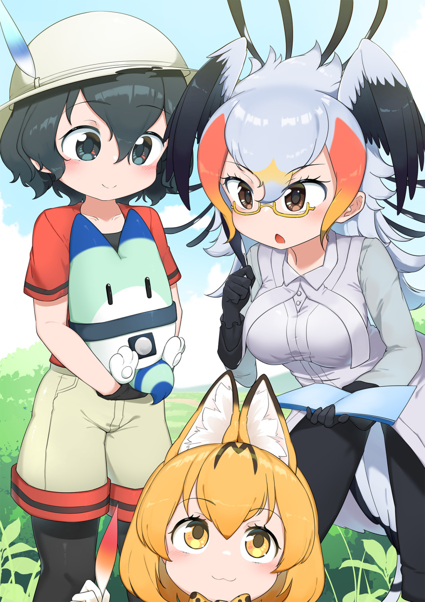 3girls :3 animal_ears animal_print bird_girl bird_tail bird_wings black_gloves black_hair black_pants black_pantyhose blue_eyes blush bow bowtie brown_eyes cat_ears cat_girl chis_(js60216) coat gloves grey_hair grey_shorts hair_between_eyes head_wings helmet highres kaban_(kemono_friends) kemono_friends long_coat long_hair lucky_beast_(kemono_friends) multicolored_hair multiple_girls orange_bow orange_bowtie pants pantyhose pith_helmet print_bow print_bowtie quill red_hair red_shirt secretarybird_(kemono_friends) semi-rimless_eyewear serval_(kemono_friends) shirt short_hair short_sleeves shorts smile t-shirt tail white_coat wings writing yellow_eyes