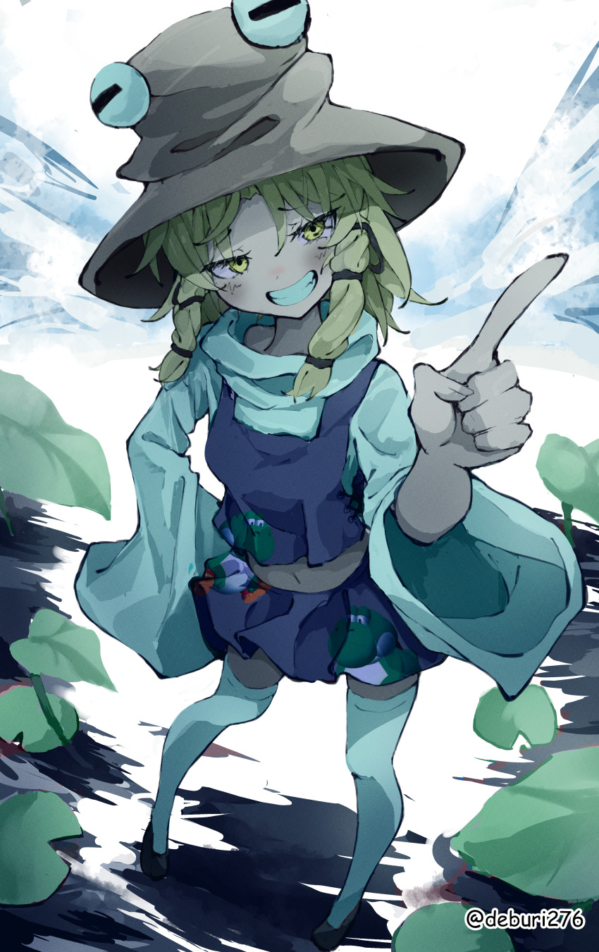 1girl absurdres artist_name baby_fat_(super_mario_rpg) black_footwear black_ribbon blonde_hair blue_skirt blue_vest blush braid brown_hat commentary deburi276 english_commentary foreshortening frog frog_hat from_above front_braid full_body furrowed_brow grin hair_ribbon hat highres index_finger_raised leaf long_sleeves mario_(series) medium_hair midriff moriya_suwako navel nintendo nose_blush ribbon skirt smile solo standing super_mario_rpg thighhighs touhou twin_braids twitter_username vest white_sleeves white_thighhighs wide_sleeves yellow_eyes yoshi
