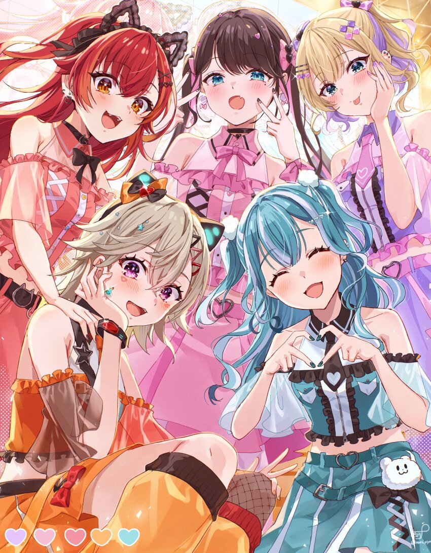 four-finger_heart_hands 5girls absurdres alternate_costume animal_ear_hairband animal_ears aqua_eyes armpits bare_shoulders belt black_choker black_hair blonde_hair blue_hair blue_shirt blue_skirt blush bow bowtie breast_pocket brown_hair cat_ear_hairband cat_ears center_frills choker commentary_request cropped_shirt cross-laced_clothes cross-laced_skirt cross-laced_top crossed_bangs double-parted_bangs double_inward_v ear_piercing earrings fake_animal_ears fang fishnet_thighhighs fishnets frilled_hairband frilled_shirt frilled_sleeves frills hair_bow hair_ornament hairband hairclip halter_shirt halterneck hand_on_another&#039;s_shoulder heart heart_hands highres idol_clothes jewelry kaga_nazuna kneeling komori_met kurumi_noah long_hair looking_at_viewer medium_hair midriff multicolored_hair multiple_girls nail_polish necktie nekota_tsuna off-shoulder_shirt off_shoulder open_mouth orange_eyes orange_shirt orange_skirt piercing pink_hair pink_shirt pink_skirt piyoyanagi pleated_skirt pocket purple_eyes purple_hair purple_shirt purple_skirt red_hair red_shirt red_skirt see-through_clothes see-through_sleeves shiranami_ramune shirt short_sleeves single_thighhigh skin_fang skirt smile squatting standing streaked_hair swept_bangs thighhighs tongue tongue_out twintails two_side_up virtual_youtuber vspo! w watch white_hair white_streaks wing_collar wrist_bow wristwatch