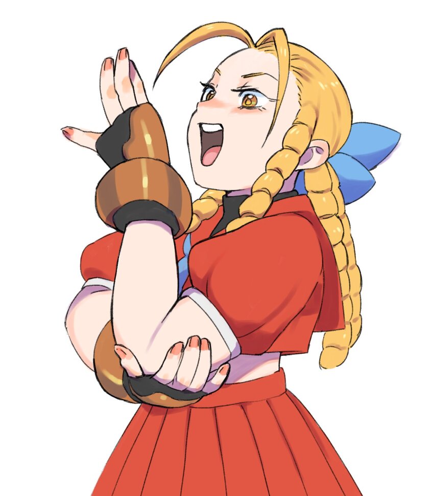 1girl blonde_hair blue_eyes gan2 hand_on_own_elbow highres kanzuki_karin laughing ojou-sama_pose school_uniform short_sleeves skirt street_fighter yellow_eyes