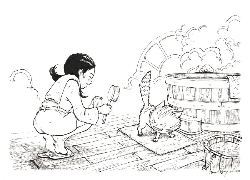 1girl 1other absurdres bath_brush buckle carrot_(pepper&amp;carrot) cat clenched_teeth closed_eyes david_revoy footrest hair_behind_ear highres indoors medium_hair open_mouth pepper&amp;carrot pepper_(pepper&amp;carrot) robe rug sandals soap steam teeth towel vat water window wooden_floor