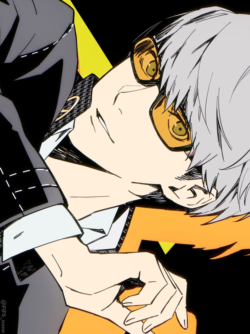 1boy arm_up black-framed_eyewear black_background black_jacket collared_jacket collared_shirt colored_shadow commentary_request drop_shadow eyes_visible_through_eyewear fingernails glasses grey_eyes grey_hair highres jacket long_sleeves looking_to_the_side male_focus narukami_yu nonaka_nono persona persona_4 popped_collar school_uniform shadow shirt short_hair sideways sideways_glance solo tinted_eyewear upper_body white_shirt wing_collar yasogami_school_uniform yellow-tinted_eyewear