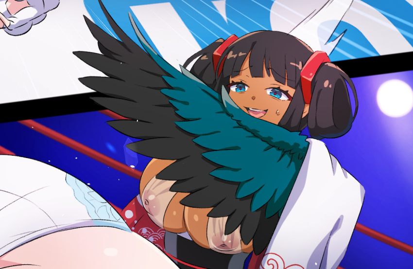 2girls catfight defeat harpy monster_girl multiple_girls peril purplet smile sweat sweatdrop tagme wrestling wrestling_outfit wrestling_ring