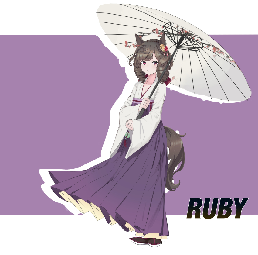 1girl absurdres alternate_costume animal_ears black_shoes brown_hair closed_mouth commentary_request daiichi_ruby_(umamusume) drill_hair drill_sidelocks ear_flower flat_chest hakama highres holding holding_umbrella horse_ears horse_girl horse_tail japanese_clothes long_sleeves looking_at_viewer oil-paper_umbrella oscnordin purple_background purple_eyes purple_hakama shoes sidelocks solo tail two-tone_background umamusume umbrella white_background wide_sleeves