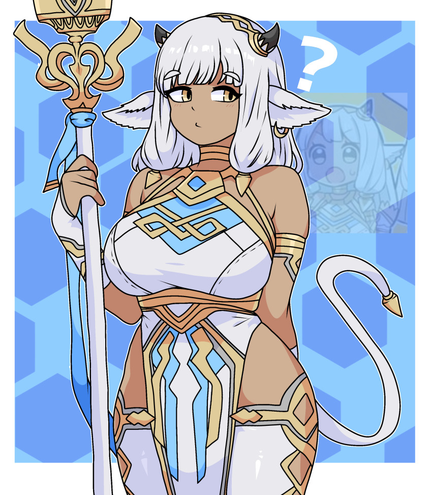 1girl :t ? absurdres activeajames animal_ears ash_(fire_emblem) bicep_strap cow_ears cow_girl cow_horns cow_tail cowboy_shot dark_skin fire_emblem fire_emblem_heroes fur-trimmed_kimono fur-trimmed_panties fur_trim highres holding holding_staff honeycomb_(pattern) honeycomb_background horns japanese_clothes kimono looking_to_the_side nintendo panties solo staff tail transparent underwear white_hair