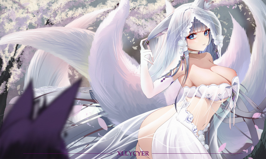 2girls animal_ear_fluff animal_ears artist_name ass ass_cutout azur_lane bare_shoulders blue_eyes blue_hair breasts bridal_gauntlets bridal_veil chinese_commentary clothing_cutout collarbone commentary_request cosplay cowboy_shot dress falling_petals fox_ears fox_girl fox_tail highres kitsune kyuubi large_breasts long_hair multiple_girls multiple_tails musashi_(azur_lane) musashi_(azur_lane)_(cosplay) musashi_(purest_wisteria)_(azur_lane) navel outdoors petals purple_hair revealing_clothes shinano_(azur_lane) sideless_dress tail veil very_long_hair wedding_dress white_bridal_gauntlets white_dress white_tail xllycyer
